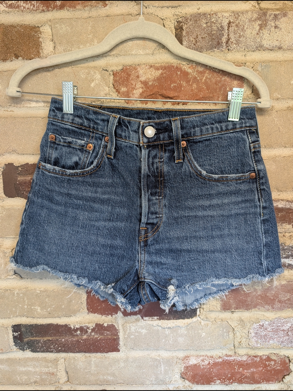 Levi's Dark Blue Frayed Hem Jean Shorts - Women